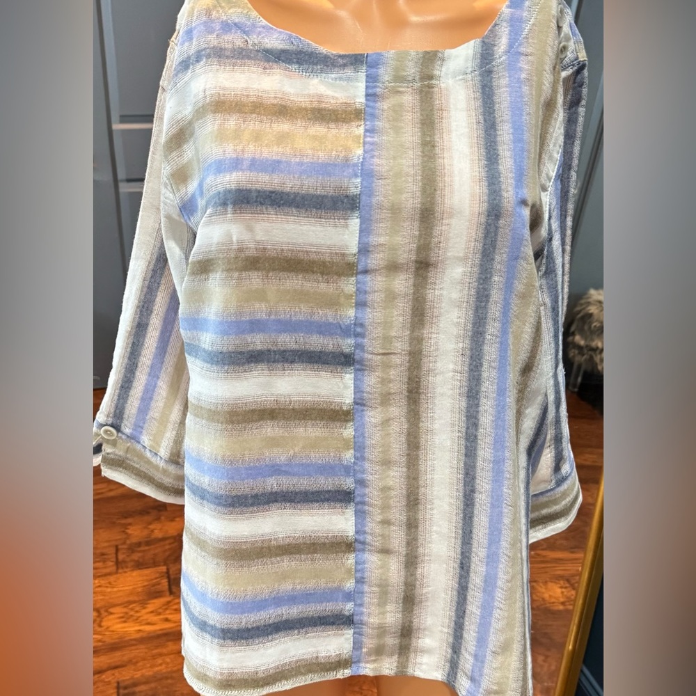 Striped Cotton Top Blue Tan Button Shoulder Relaxed Casual Blouse L - Picture 2 of 7